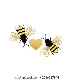 Bee cartoons and gold heart icons isolated on white background vector illustration.