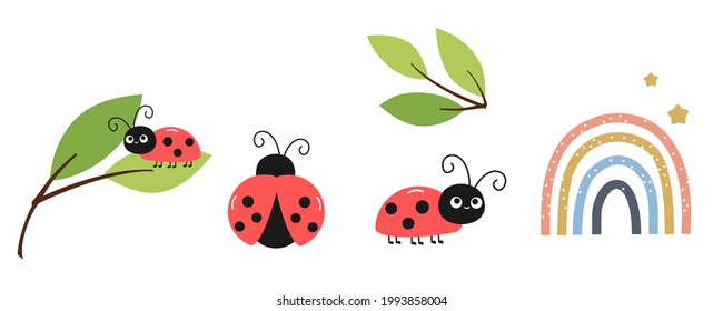 Bee cartoons, green leaves and cute rainbow icon isolated on white background vector illustration.