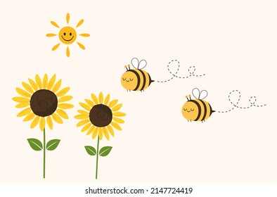 Bee cartoons, happy sun and sunflower on pastel background vector illustration.