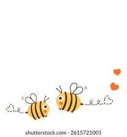 Bee cartoons and heart dot line isolated on white background vector.
