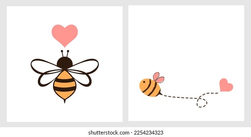 Bienenkartoons und Herzen einzeln auf weißem Hintergrund, Vektorgrafik.