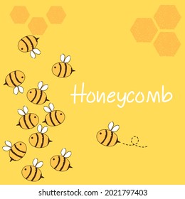 Bee cartoons, hexagon sign and hand written font on honey background vector illustration. 