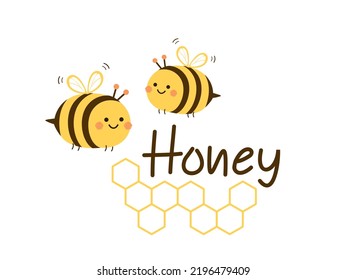 Dibujos animados de abejas y logotipo de signos hexágonos aislados en ilustración vectorial de fondo blanco.