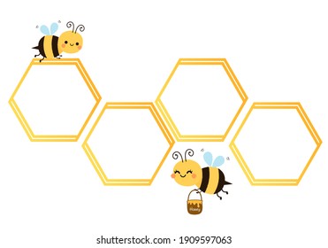 Bee Cartoons With Hexagon Signs On White Background Vector Illustration.