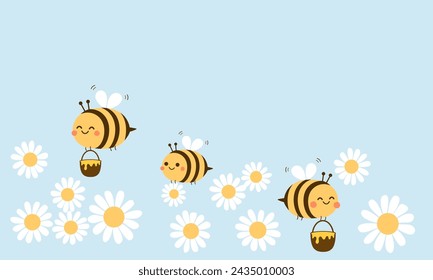 Dibujos animados de abeja, cubo de miel y flor de margarita en el vector de fondo azul.