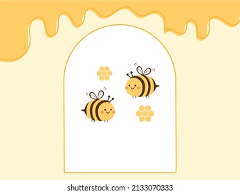 Bee cartoons, honey drop and abstract beehive honeycomb vector illustration.