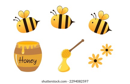Bee cartoons, honey jar, wooden honey dipper and flower icon sign isolated on white background vector illustration.