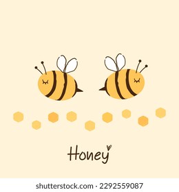 Bee cartoons with honey sign and hand written fonts on yellow background vector ikllustration.