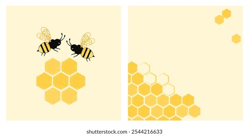 Bee cartoons and honey sign logo. Beehive honey sign with hexagon grid cells on yellow vector.