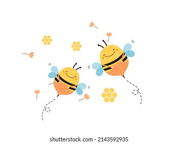 Bee cartoons, honey symbol and small flower isolated on white background vector illustration.