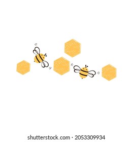 Bee cartoons with honeycomb beehive logo isolated on white background vector illustration.