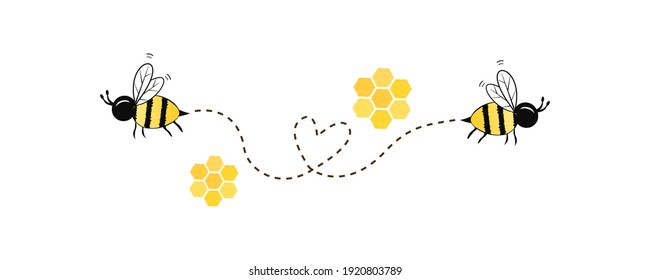 Bee cartoons with honeycomb and dots line on white background vector illustration.