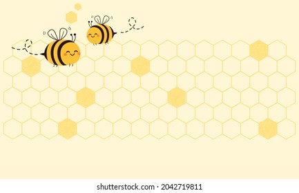 Bee cartoons and honeycomb sign on yellow background vector illustration.