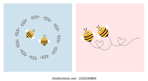 Bee cartoons with leaf wreath and heart dotted line on blue and pink backgrounds vector illustration.