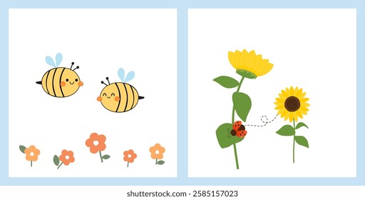 Bee cartoons, orange flower, sunflower and lady bird icon sign isolated on white background vector.