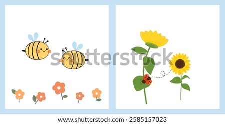 Bee cartoons, orange flower, sunflower and lady bird icon sign isolated on white background vector.