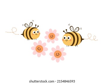 Bee cartoons and pink flower isolated on white background vector illustration.