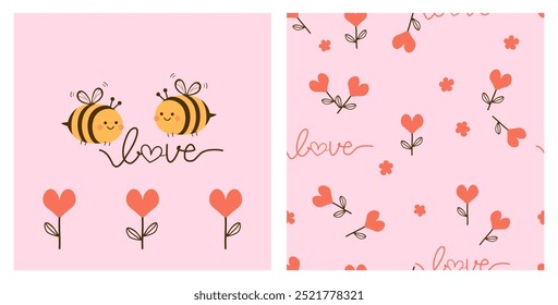 Bee cartoons and red flower icon sign. Seamless pattern with heart shape flower and hand written fonts on pink background vector.