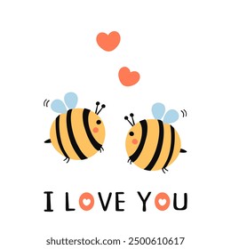 Bee cartoons, red heart and hand written fonts isolated on white background vector.