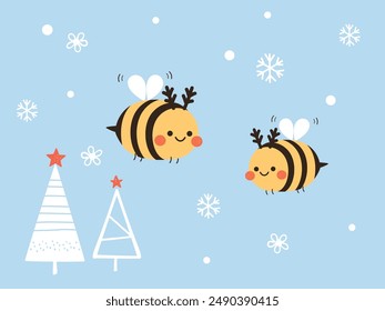 Bee cartoons, snowflakes and Christmas tree on blue sky background vector. 