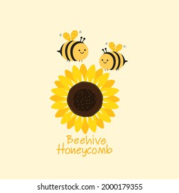 Bee cartoons with sunflower and hand written font on yellow background vector illustration.