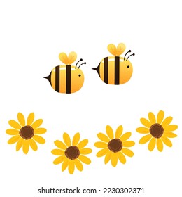 Bee cartoons and sunflower isolated on white background vector illustration.