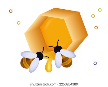 Bee cell with honey. Waxy hexagon with sticky sweet liquid. Yellow shape with two insects. The bees collect honey. The concept of beekeeping, environment, healthy lifestyle. Vector 3d illustration.