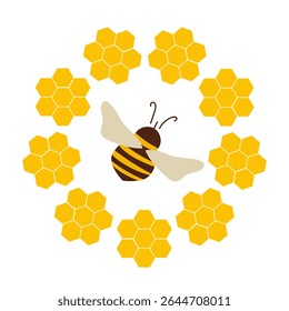 Bee in center of honey round frame. Cute wreath with bee and honey.