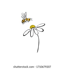 Bee and Chamomile flower in doodle style. Insect sign icon.  Design template. Suitable for Creative Industry, Multimedia, entertainment, Educations, Shop, and any related business. Vector illustration