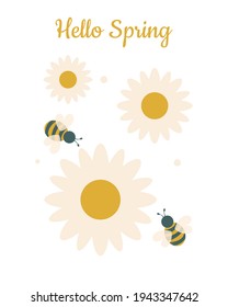 Bee and chamomile. Hello spring cute card in trendy colors. Beautiful print for printing on dishes, textiles, clothes, notebooks. Vector graphics.