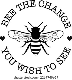 Bee the change you wish to see, bee quote, hand drawn lettering for cute print. Positive quotes isolated on white background. Happy slogan for tshirt. Vector illustration bumble, leaves. 