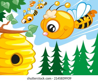 Bee character in cartoon style on summer background. Swarm of cute bees fly into hive. Vector full color illustration.