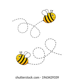 Bee character. Cute flying bees with dotted route. Vector cartoon insect illustration. Isolated on white