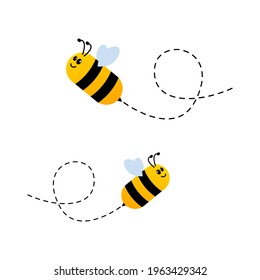 Bee character. Cute flying bees with dotted route. Vector cartoon insect illustration. Isolated on white