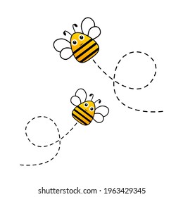 Bee character. Cute flying bees with dotted route. Vector cartoon insect illustration. Isolated on white