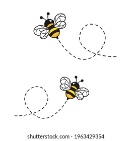 Carácter de abeja. Abejas voladoras con vía punteada. Ilustración de insecto de dibujos animados. Aislado sobre blanco