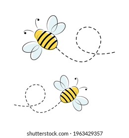 Carácter de abeja. Abejas voladoras con vía punteada. Ilustración de insecto de dibujos animados. Aislado sobre blanco