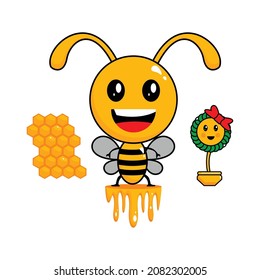 Bee Character With Flower And Honey