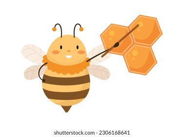 Bee Character Points To Honeycomb Vector Illustration