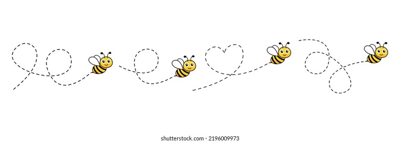 Bee character set. Bee flying on dotted route. Vector illustration isolated on white.