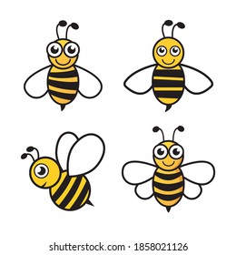 Bee character set icon. Cute bees collection. Vector illustration isolated on white.