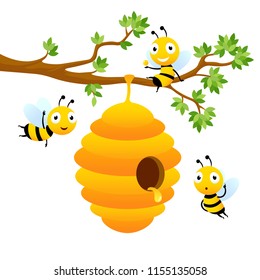 Bee characters. Vector mascot design isolated. Illustration of hive bee hanging on branch tree, honey sweet