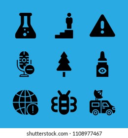 bee, chemistry, eye drops, warning, promotion, microphone, worldwide, van and tree vector icon. Simple icons set