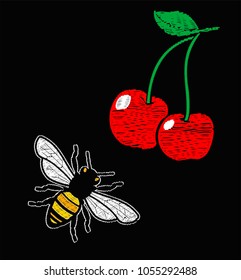 bee cherry embroidery vector art