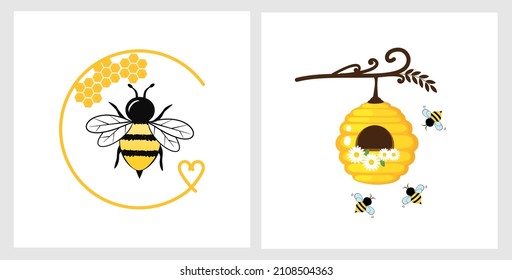 Bee with circle logo and beehive honeycomb sign isolated on white background vector illustration.