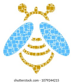 Bee collage icon of square figures and circles in variable sizes. Vector objects are organized into bee mosaic design concept.