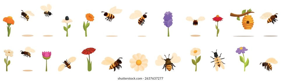 Bee collecting pollen icons set. Bees flying around flowers and beehive collecting nectar and pollen