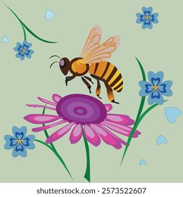 A bee collects pollen on an echinacea flower, near it are many blue flowers with heart-shaped petals