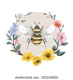 bee in colorful flower wreath circle vector illustration