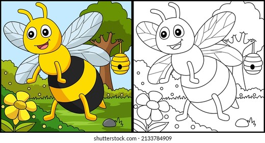 Bee Coloring Page Colored Illustration